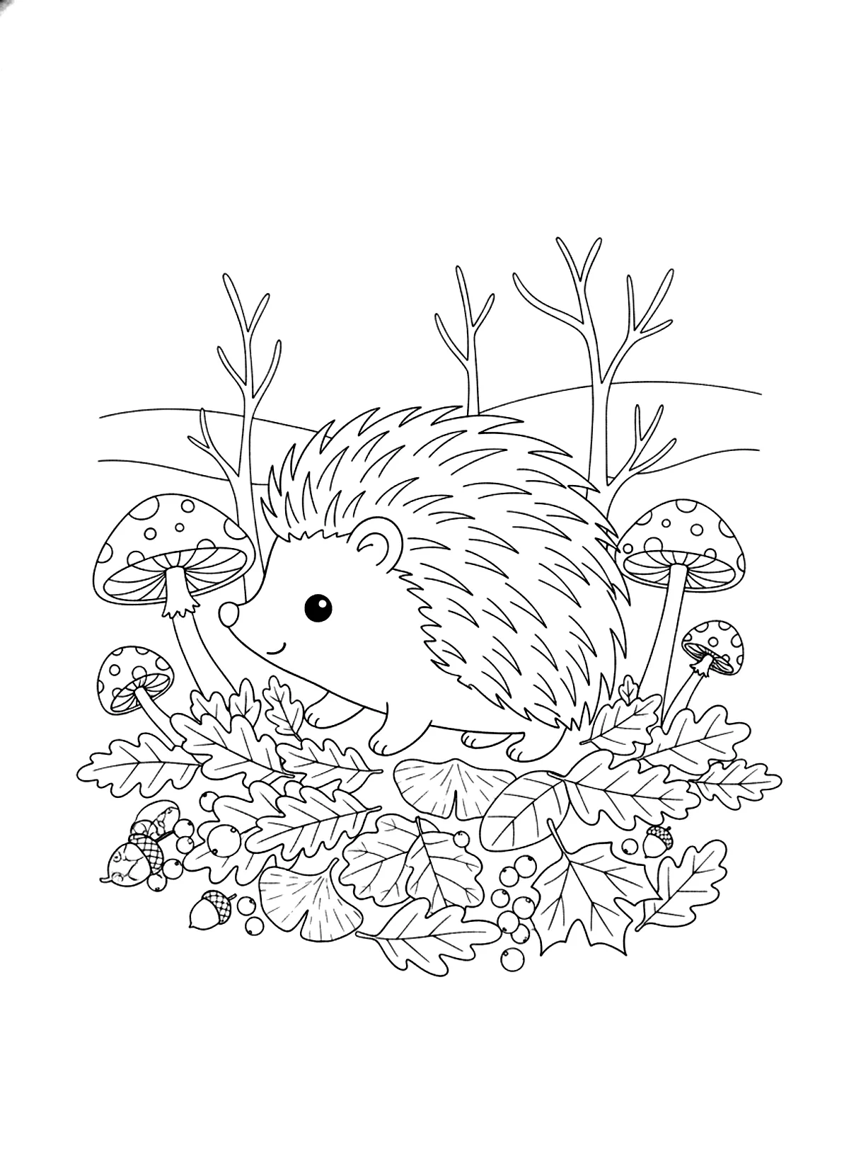 Hedgehog in the leaves coloring page for adults: a cute hedgehog walking through a pile of autumn leaves with mushrooms, black line art