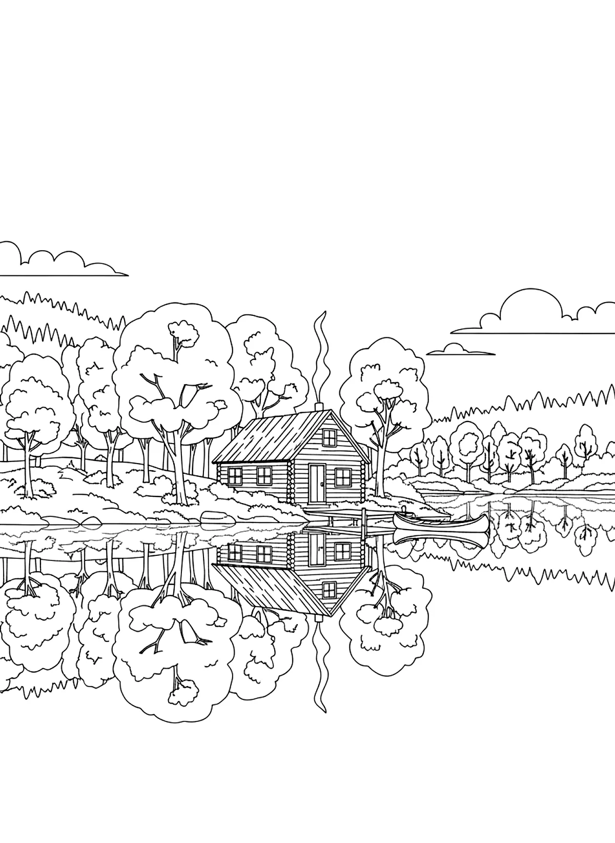 Lake cabin in autumn coloring page for adults: a cabin by a calm lake with autumn trees reflected in the water and a canoe, black line art
