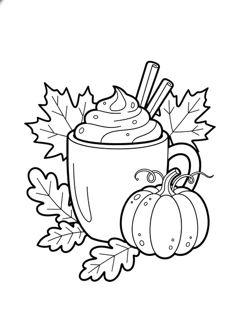 Pumpkin spice latte coloring page for adults: a pumpkin spice latte with cinnamon sticks, a small pumpkin and autumn leaves, black line art