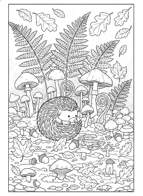 Fall forest floor coloring page with mushrooms, ferns, acorns, autumn leaves and a hedgehog