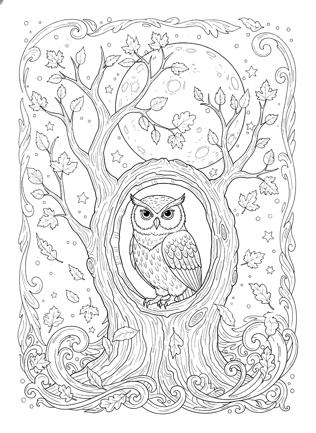 Owl in an autumn tree coloring page for adults: an owl in the hollow of an autumn tree with leaves and a full moon, black line art