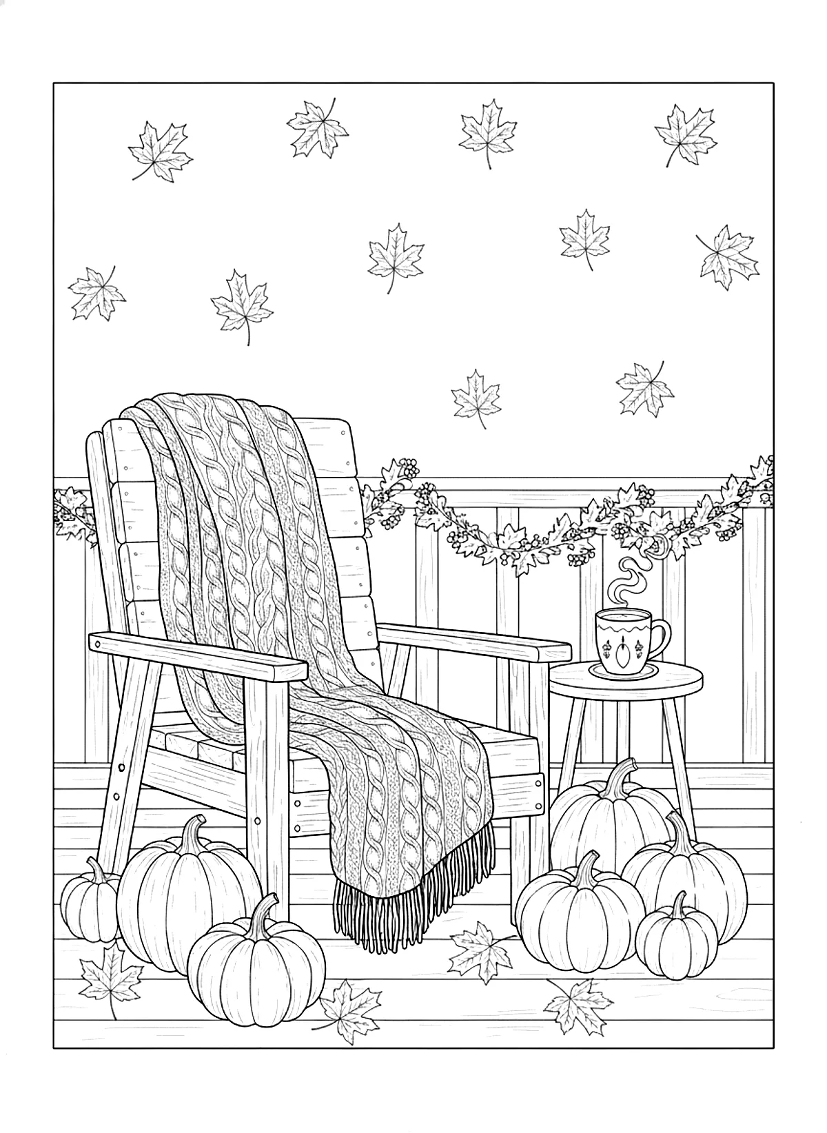 Autumn porch coloring page for adults with pumpkins, a knitted blanket on a wooden chair, a mug of cider and falling maple leaves