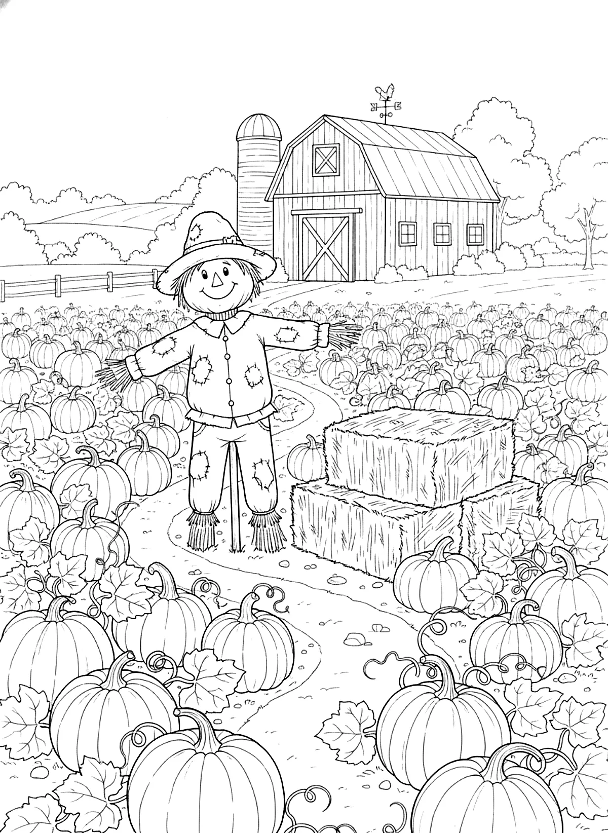 Pumpkin patch coloring page for adults: a pumpkin patch with a scarecrow, hay bales and a red barn in the distance, black line art