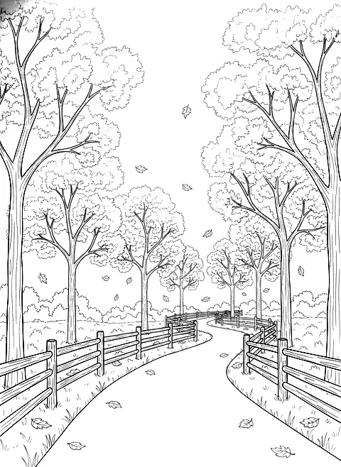 Autumn country road coloring page for adults: a winding country road through trees with falling leaves and a wooden fence, black line art