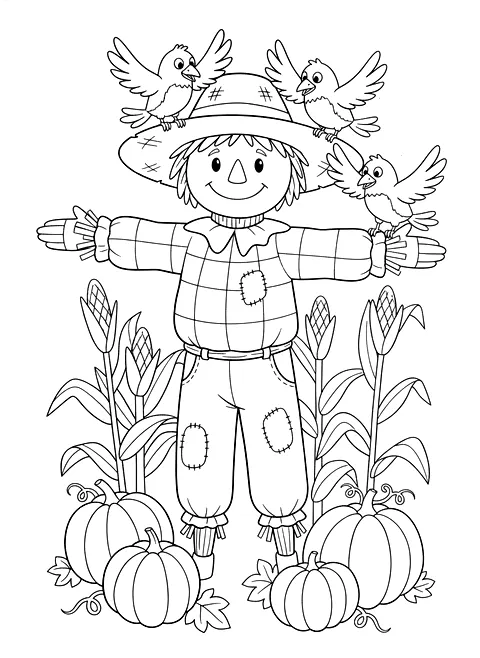 Friendly scarecrow coloring page for adults: a friendly scarecrow with a straw hat in a field with crows, corn and pumpkins, black line art