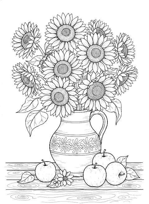 Sunflowers in a jug coloring page for adults: a bouquet of sunflowers in a ceramic jug with a few apples on the table, black line art
