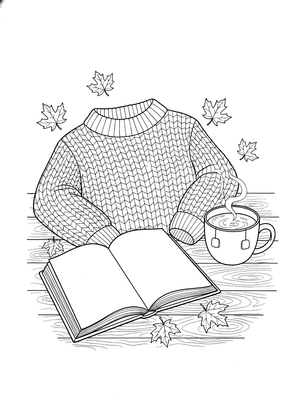 Sweater, book and tea coloring page for adults: a chunky knit sweater, an open book, a cup of tea and maple leaves on a wooden table, black line art