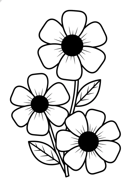Bold daisies coloring page for adults: three big simple daisies with large petals and a few leaves, black line art
