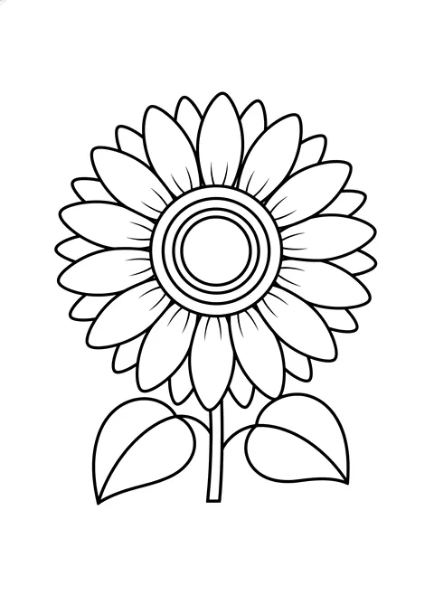 Bold sunflower coloring page for adults: one big simple sunflower with large petals and two leaves, black line art