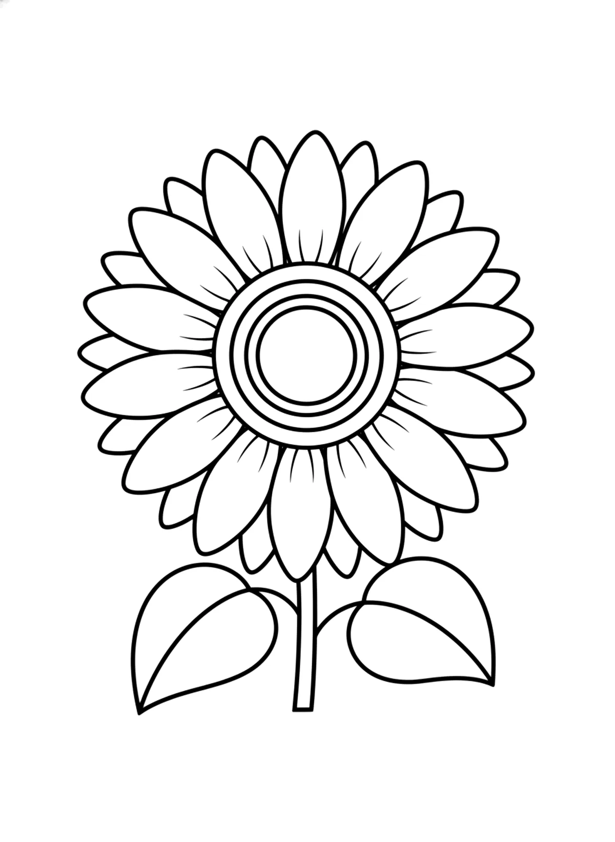 Bold sunflower coloring page for adults: one big simple sunflower with large petals and two leaves, black line art