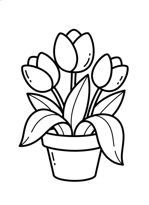 Bold tulips in a pot coloring page for adults: three simple tulips in a round pot with big leaves, black line art