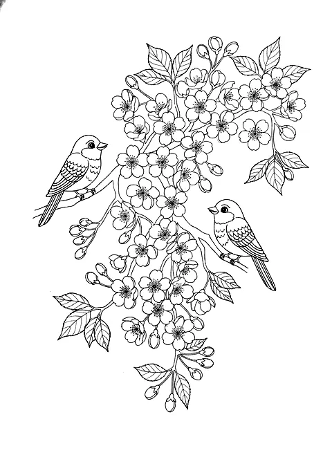 Cherry blossom branch coloring page for adults: a cherry blossom branch with open flowers, buds and two small birds, black line art