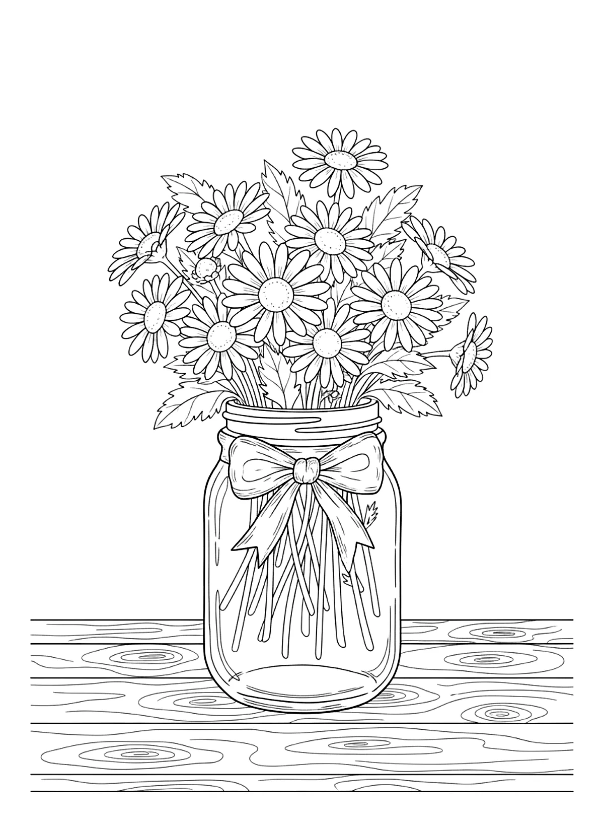 Daisies in a mason jar coloring page for adults: a bunch of daisies in a mason jar with a ribbon on a wooden table, black line art