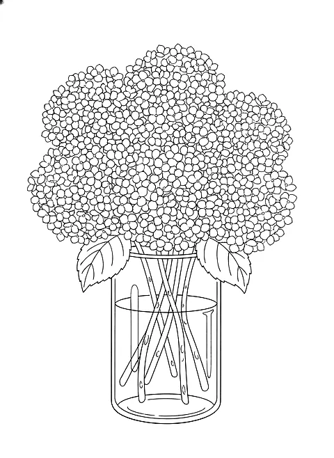 Hydrangea bouquet coloring page for adults: a lush hydrangea bouquet in a glass vase with round flower heads made of many small petals, black line art