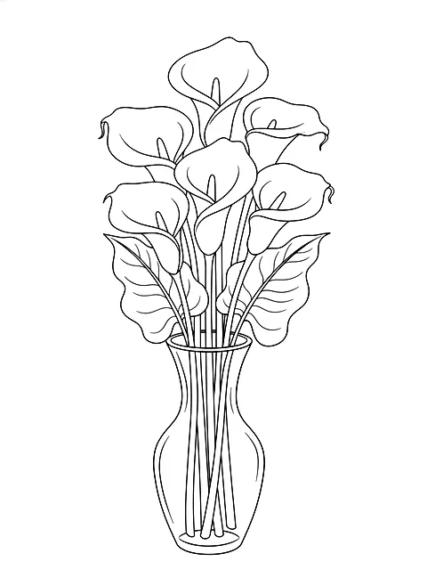 Calla lilies coloring page for adults: elegant calla lilies with long stems and large leaves in a tall vase, black line art