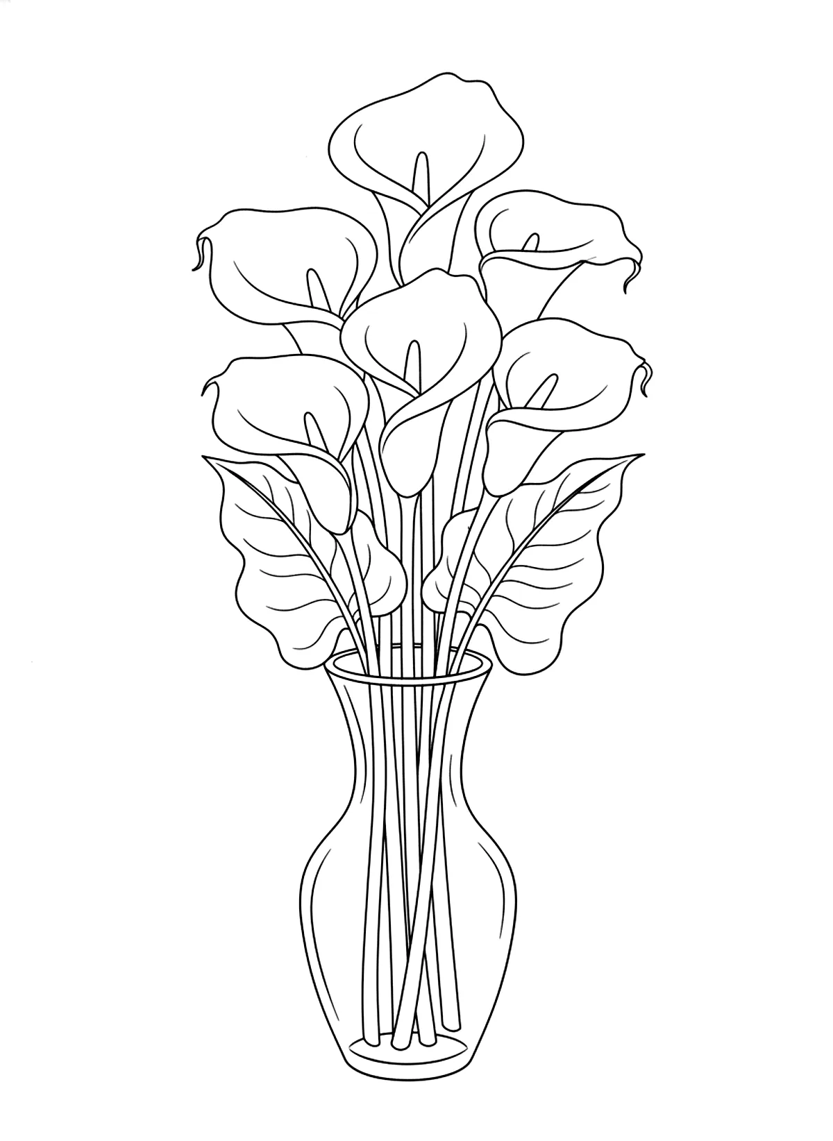 Calla lilies coloring page for adults: elegant calla lilies with long stems and large leaves in a tall vase, black line art