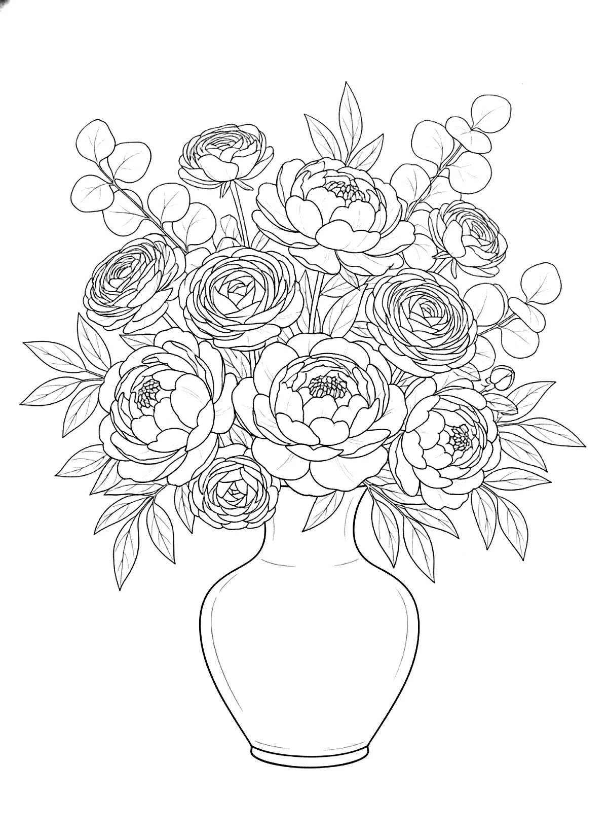 Flower coloring page for adults of a lush bouquet of peonies, ranunculus and eucalyptus in a ceramic vase