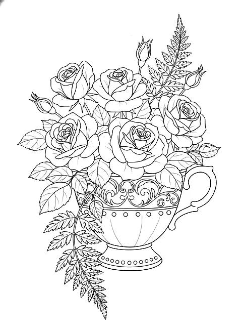 Roses in a teacup coloring page for adults: roses arranged in a vintage teacup with leaves, black line art