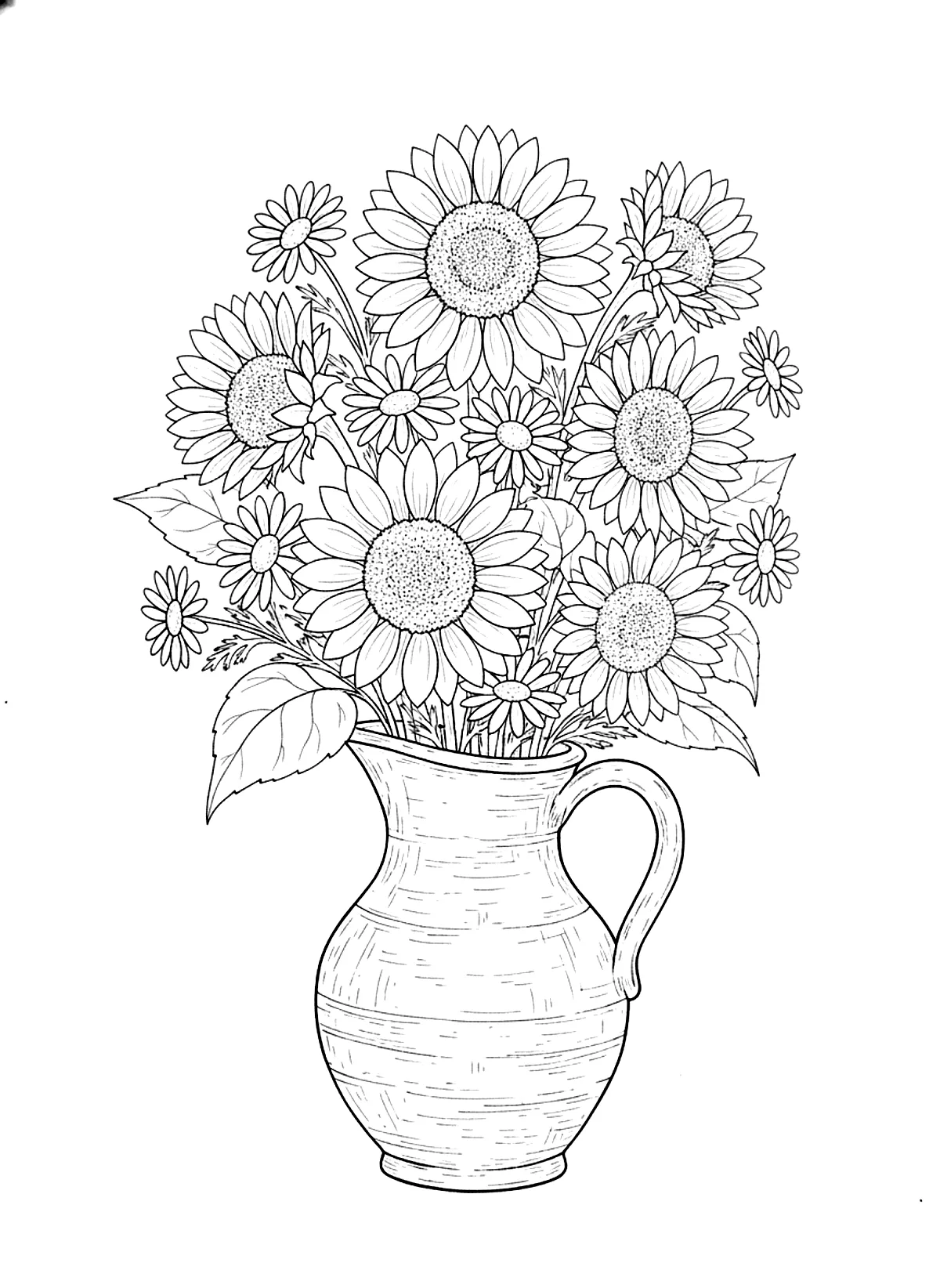 Flower coloring page of a tall bunch of sunflowers in a rustic jug with daisies
