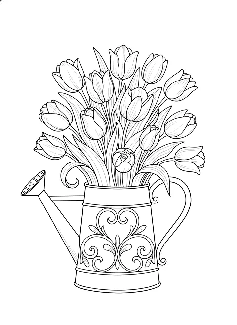 Tulips in a watering can coloring page for adults: tulips in a vintage watering can, black line art