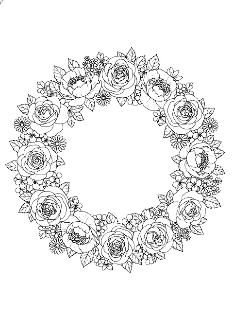 Flower wreath coloring page for adults: a round wreath of roses, peonies, leaves and small wildflowers, black line art