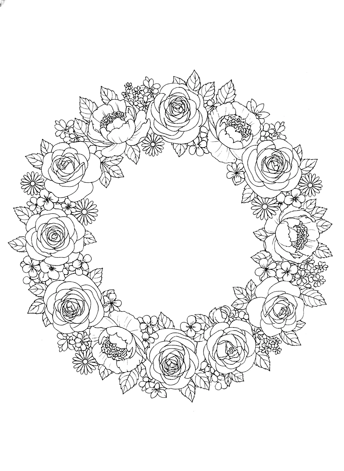 Flower wreath coloring page for adults: a round wreath of roses, peonies, leaves and small wildflowers, black line art