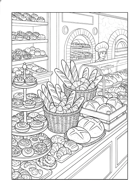 Bakery breads and pastries coloring page for adults: a bakery counter with baguettes, croissants, loaves and pastries in baskets, black line art