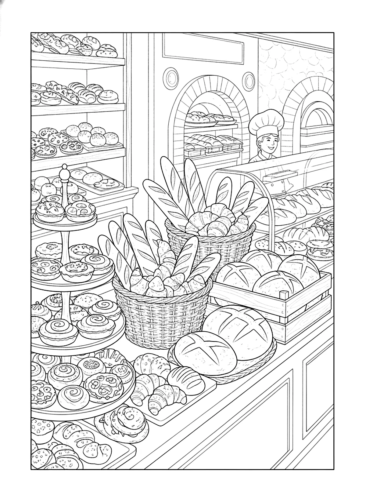 Bakery breads and pastries coloring page for adults: a bakery counter with baguettes, croissants, loaves and pastries in baskets, black line art