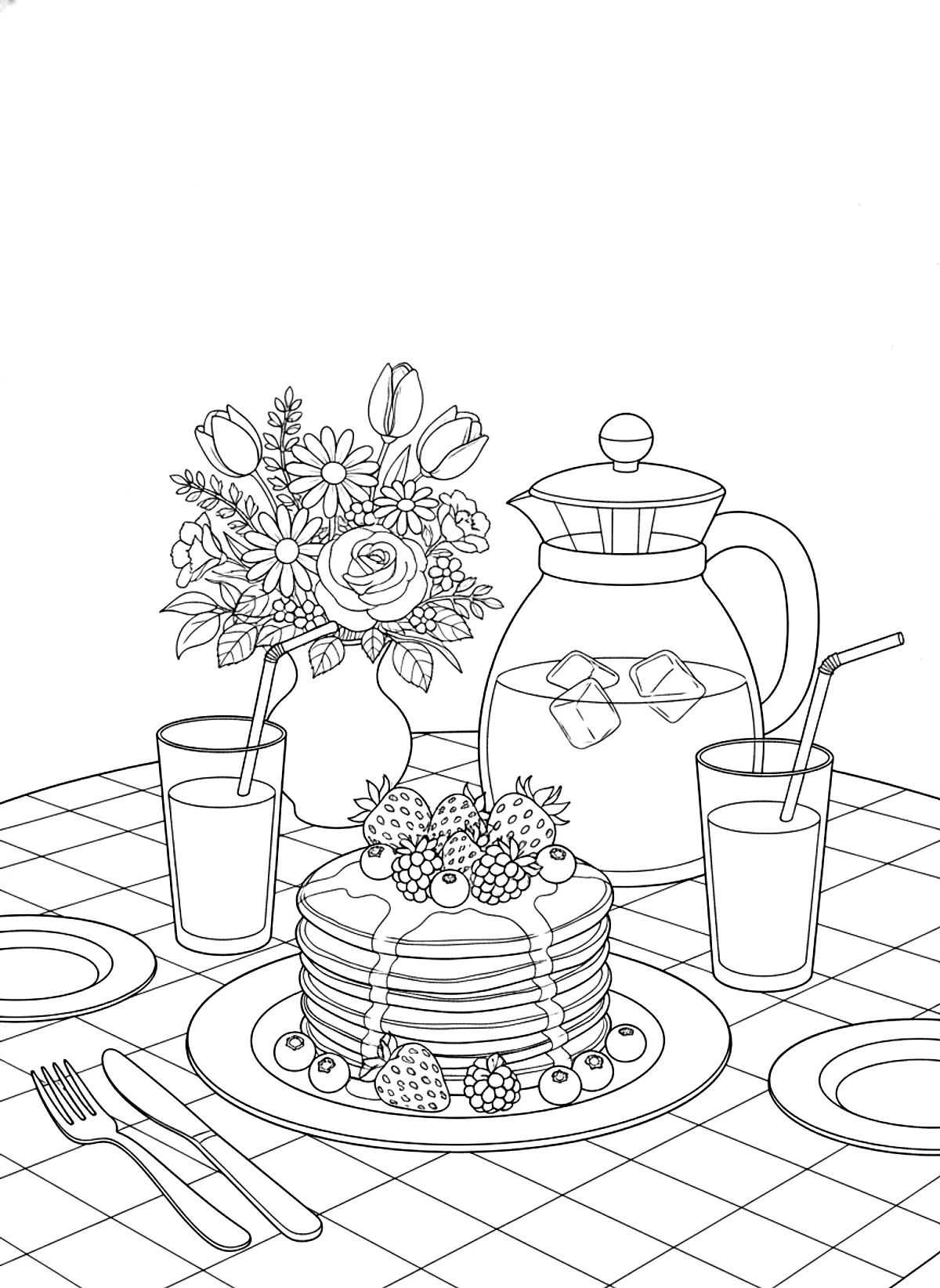 Cozy breakfast table coloring page for adults: a breakfast table with pancakes, berries, a coffee pot, orange juice and flowers, black line art