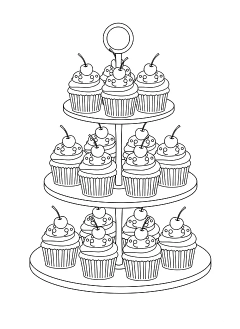 Cupcakes on a cake stand coloring page for adults: a tiered cake stand with frosted cupcakes, sprinkles and cherries, black line art