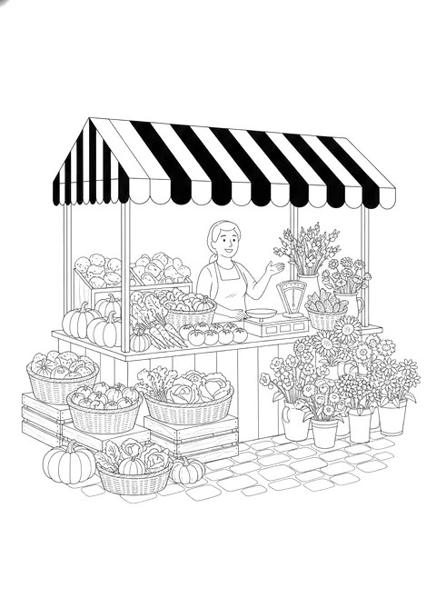Farmers market stall coloring page for adults: a farmers market stall with baskets of vegetables, flowers and a striped awning, black line art