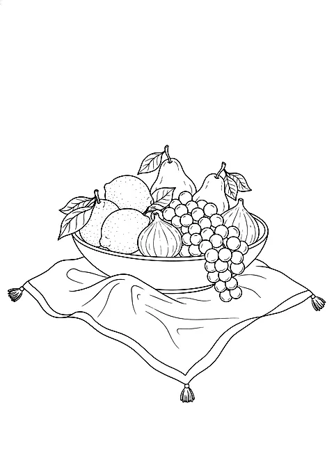 Fruit bowl still life coloring page for adults: a ceramic bowl of fruit with lemons, pears, grapes and figs on a linen cloth, black line art