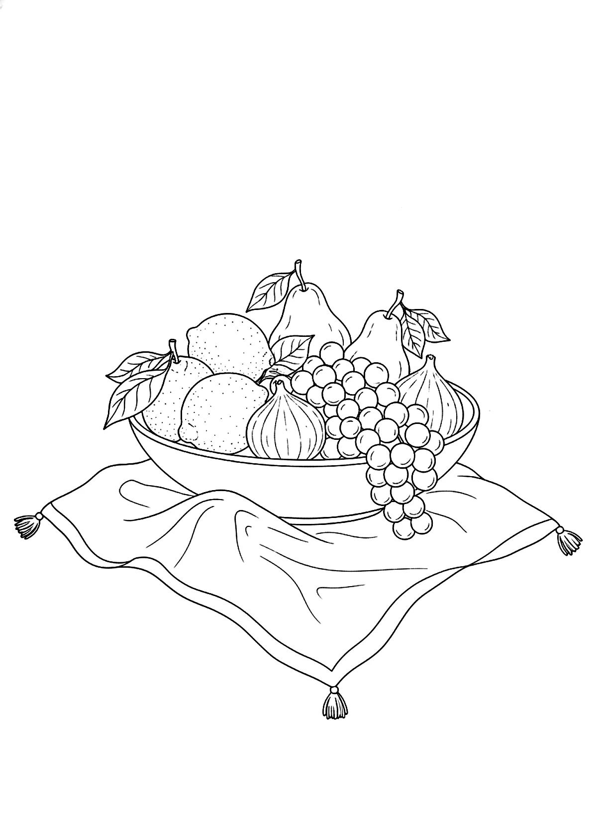 Fruit bowl still life coloring page for adults: a ceramic bowl of fruit with lemons, pears, grapes and figs on a linen cloth, black line art