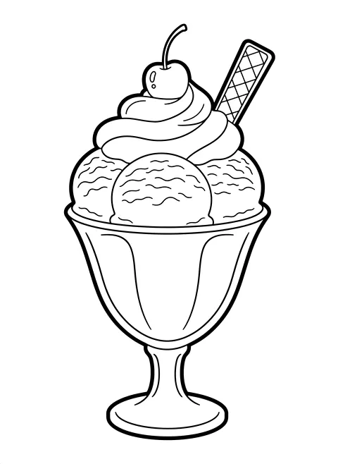 Ice cream sundae coloring page for adults: a tall ice cream sundae with scoops, whipped cream, cherry and wafer in a glass, black line art