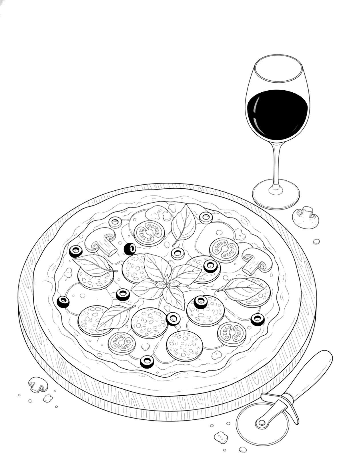 Homemade pizza night coloring page for adults: a homemade pizza on a wooden board with basil, tomatoes, mushrooms and a glass of wine, black line art