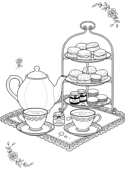 Afternoon tea set coloring page for adults: an afternoon tea set with a teapot, cups, scones, jam and macarons on a tiered stand, black line art