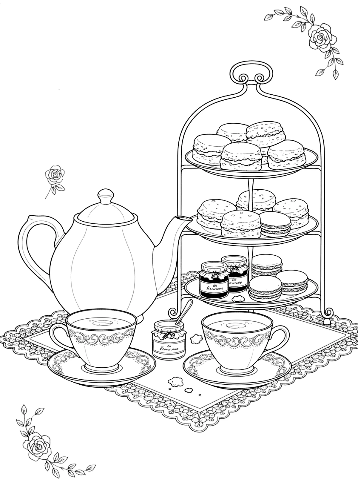 Afternoon tea set coloring page for adults: an afternoon tea set with a teapot, cups, scones, jam and macarons on a tiered stand, black line art