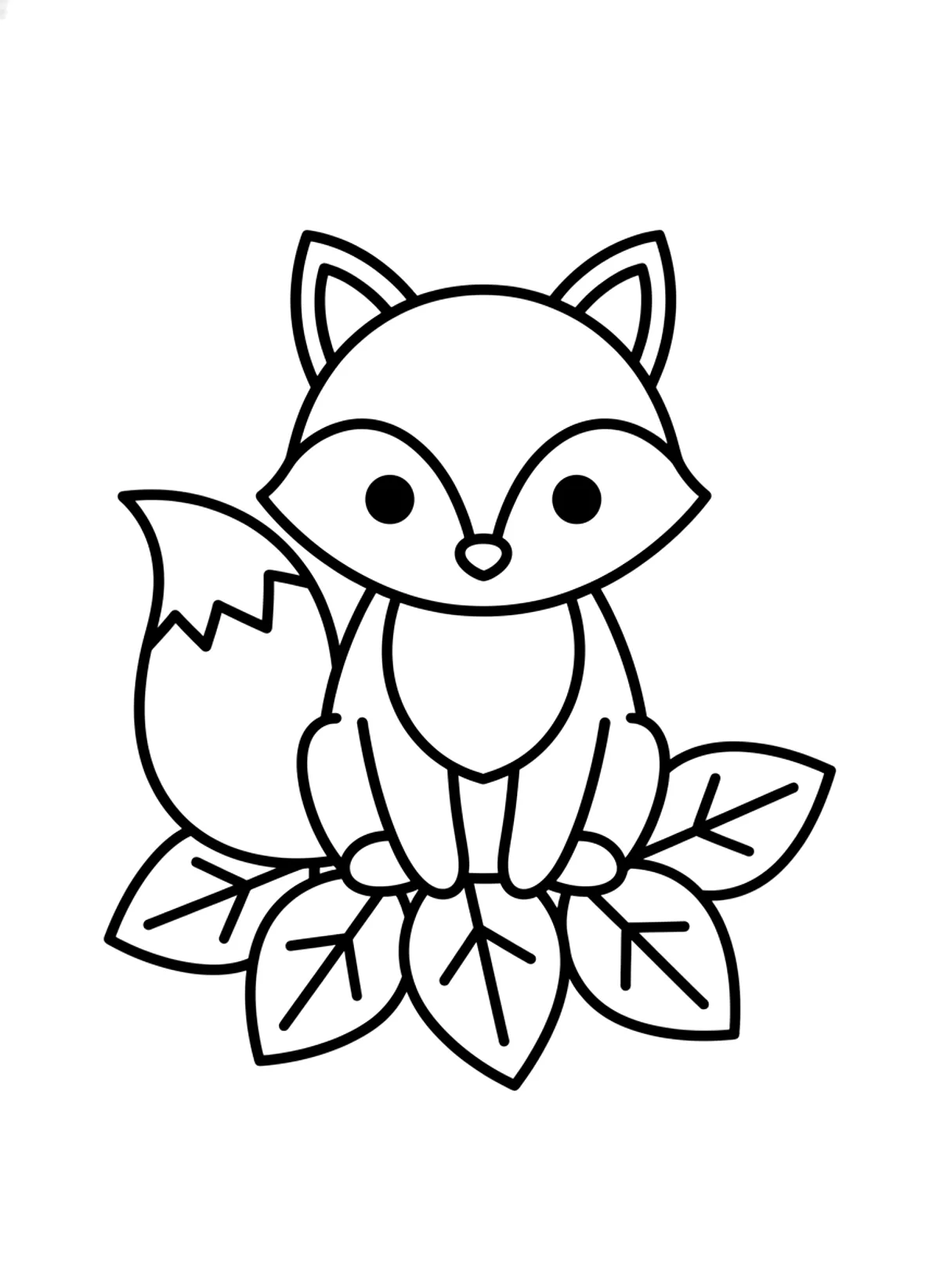 Bold little fox coloring page for adults: a cute simple fox sitting with big bold shapes and a few leaves, black line art