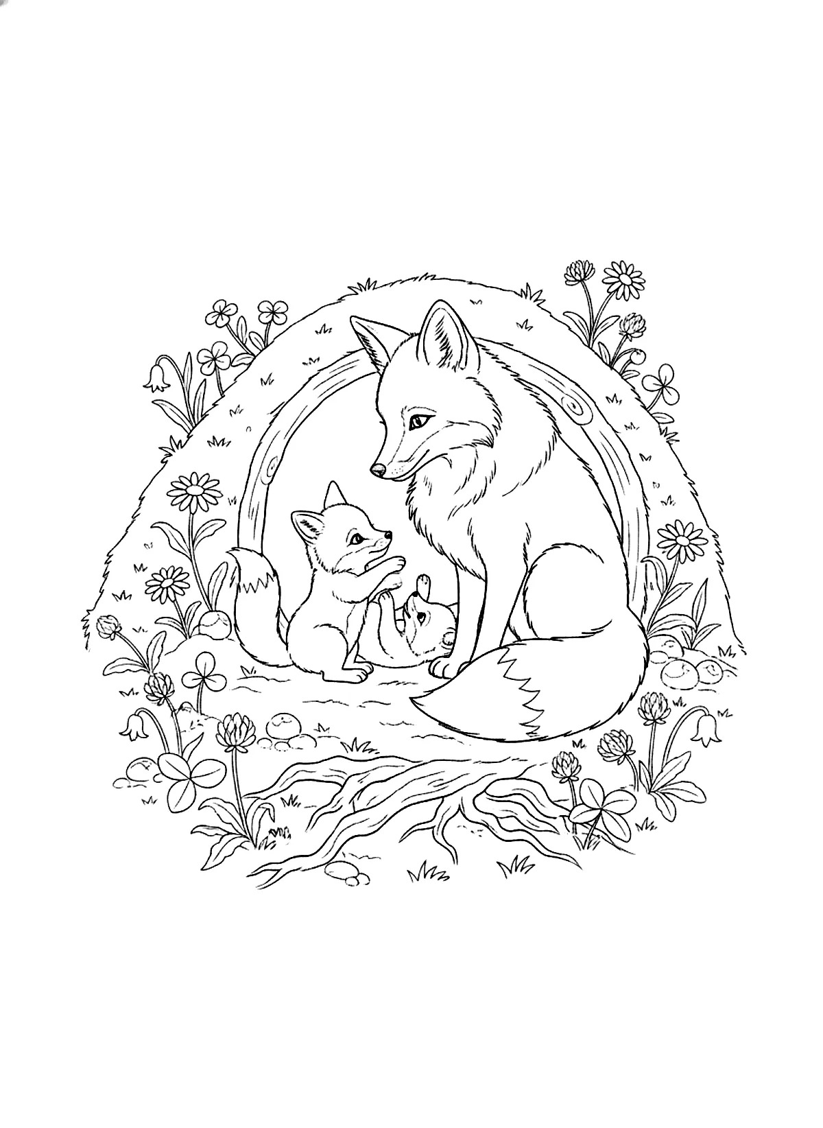 Fox mother and cubs coloring page for adults: a mother fox with two playful cubs near their den with wildflowers, black line art