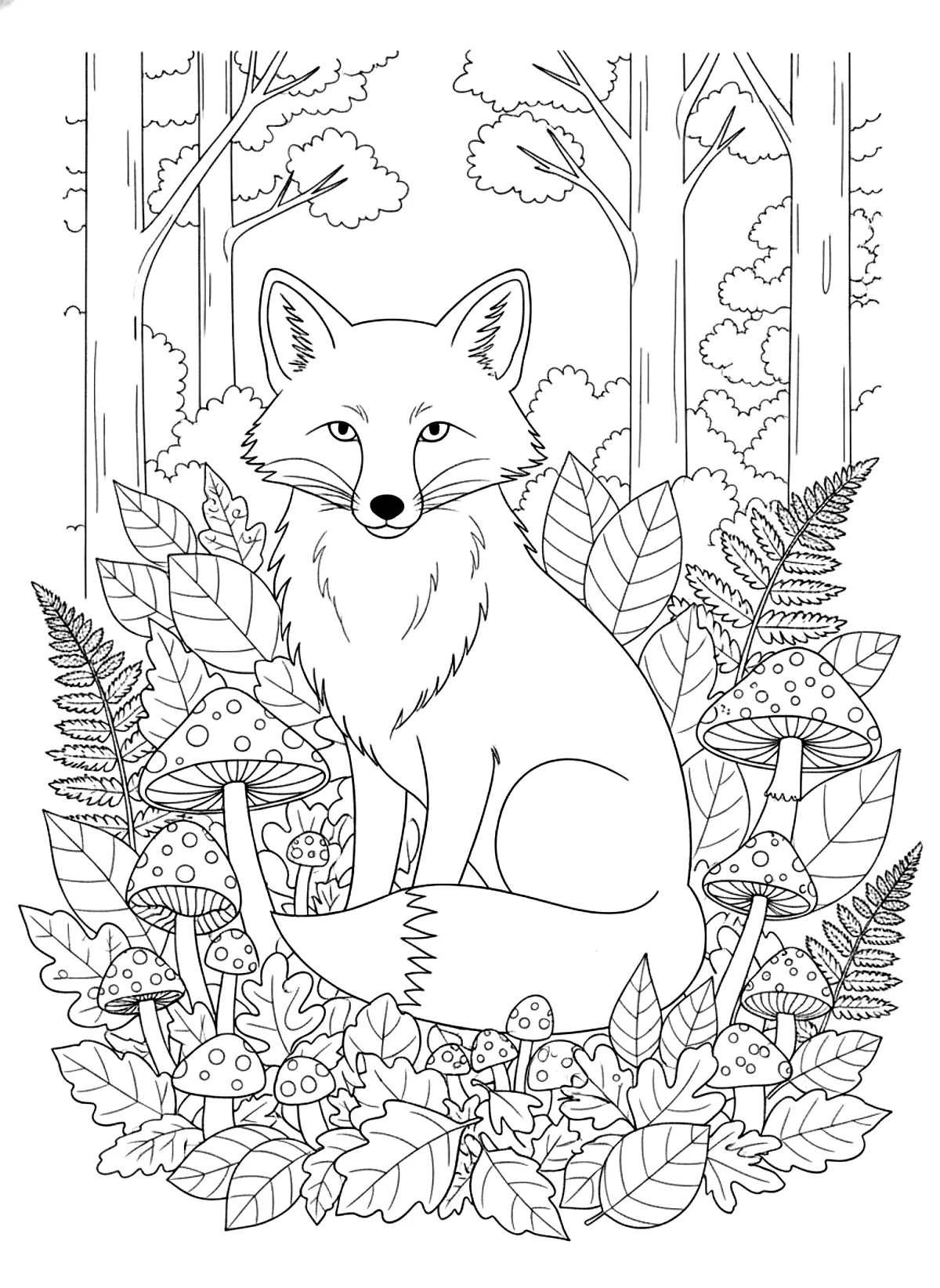 Fox in the autumn forest coloring page for adults: a fox sitting among autumn leaves, mushrooms and ferns in a forest, black line art