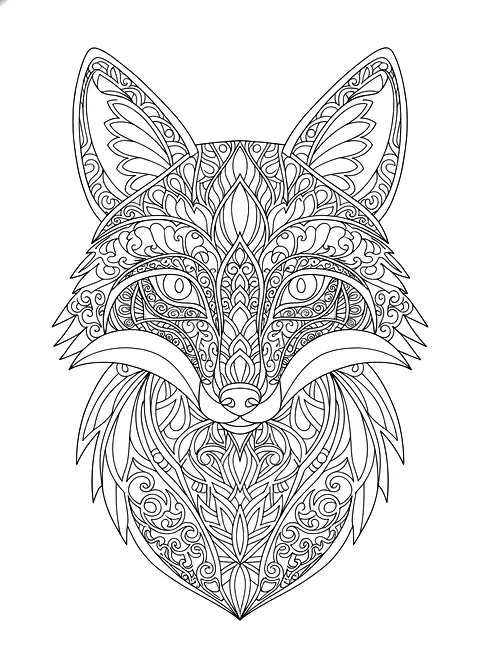Fox head mandala coloring page for adults: a fox head made of ornamental mandala patterns, black line art