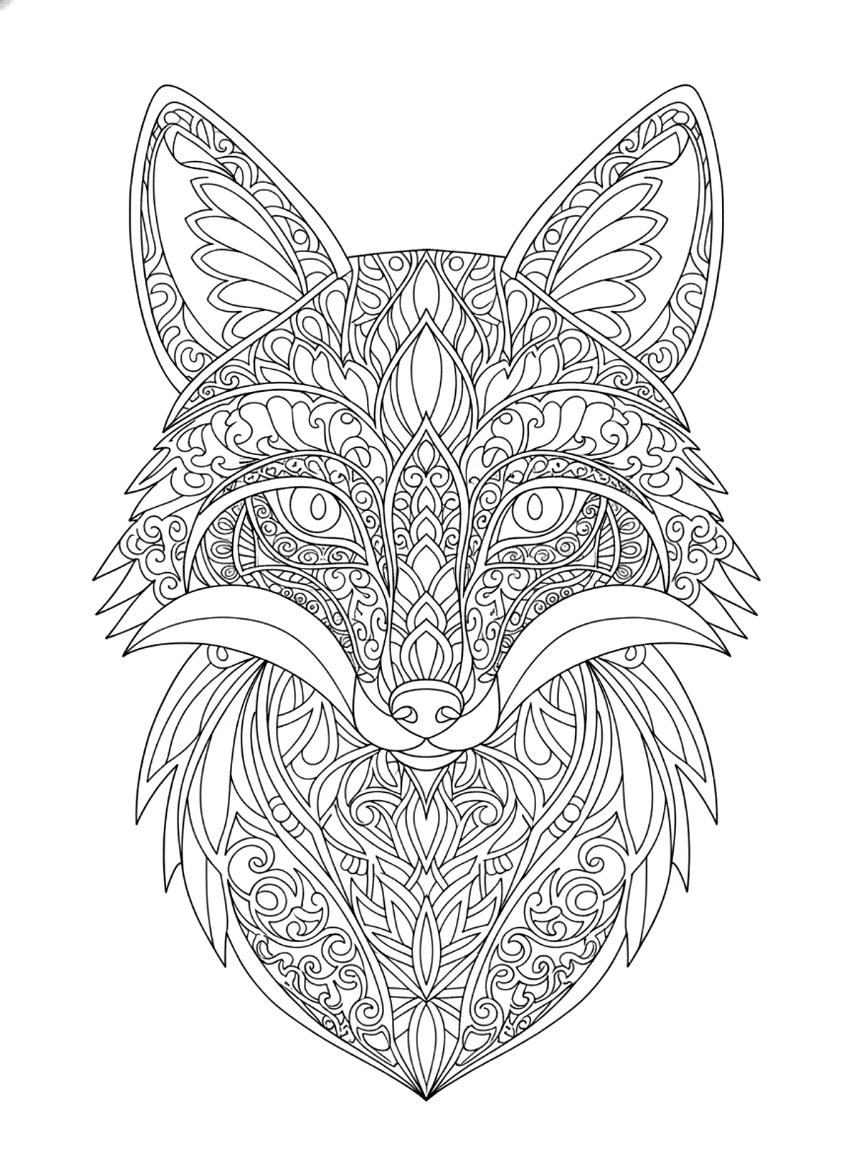 Fox head mandala coloring page for adults: a fox head made of ornamental mandala patterns, black line art