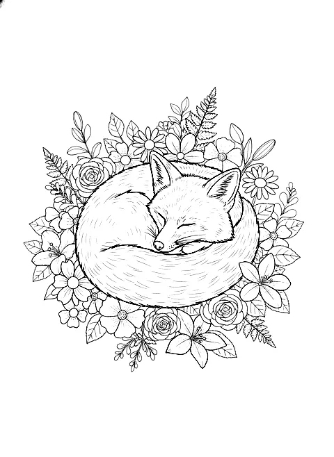 Sleeping fox curled up coloring page for adults: a sleeping fox curled up with its tail around it among flowers, black line art