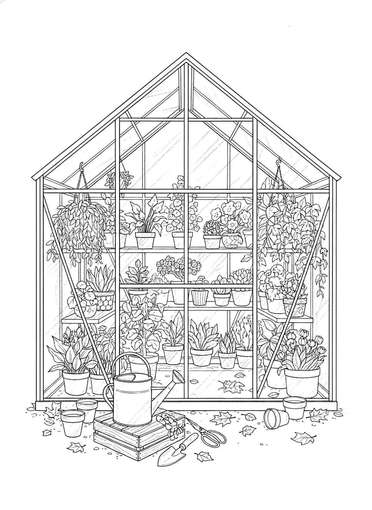 Garden coloring page of a small glass greenhouse full of potted plants, a watering can and gardening tools