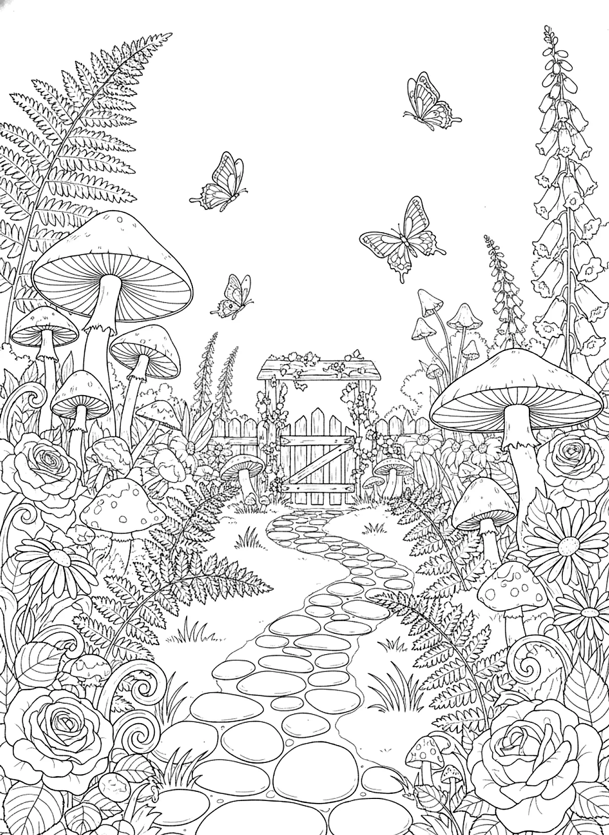 Garden coloring page of a cottage garden path with mushrooms, ferns, foxgloves, butterflies and a small wooden gate
