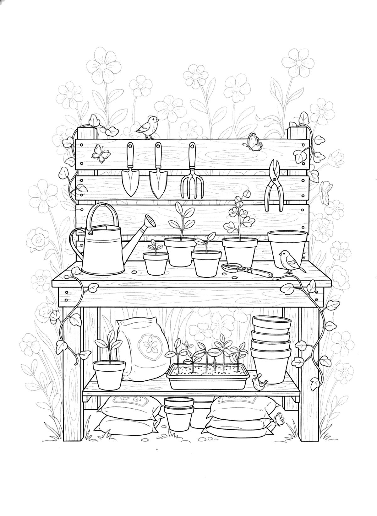 Potting bench coloring page for adults: a garden potting bench with seedlings, pots, tools and a watering can, black line art