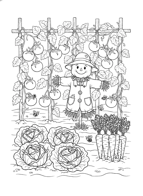 Vegetable patch coloring page for adults: a vegetable patch with cabbages, carrots, tomatoes and a scarecrow, black line art