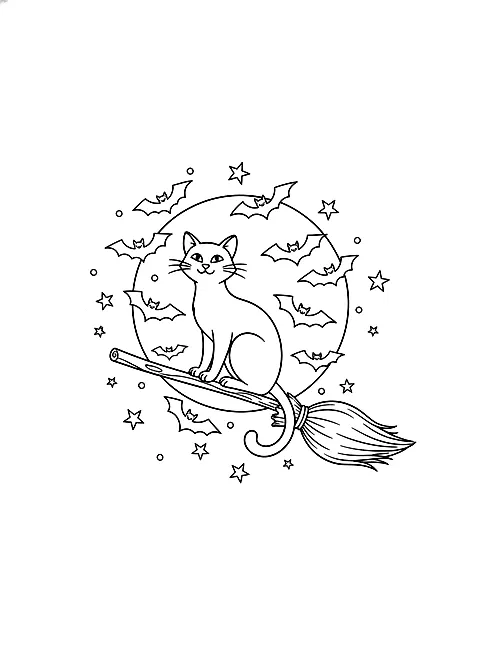Black cat on a broom coloring page for adults: a black cat sitting on a broom under a full moon with bats and stars, black line art