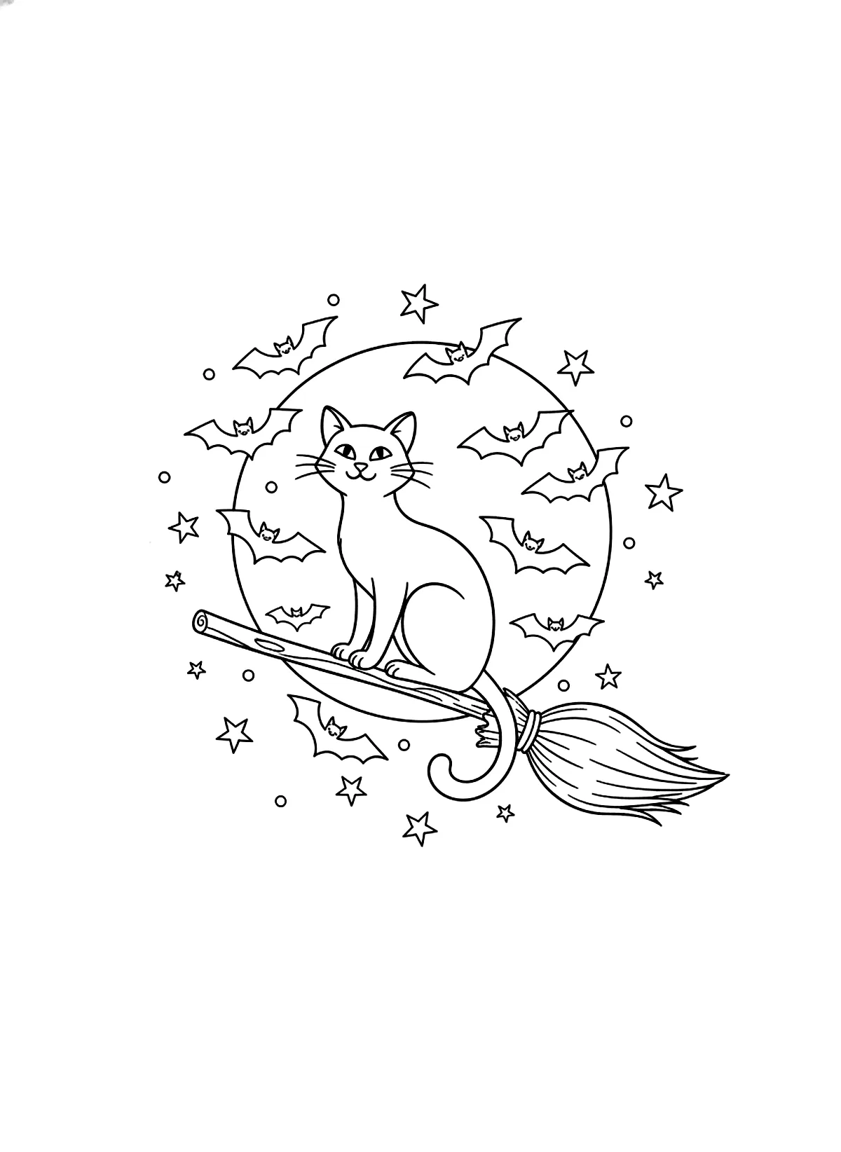 Black cat on a broom coloring page for adults: a black cat sitting on a broom under a full moon with bats and stars, black line art