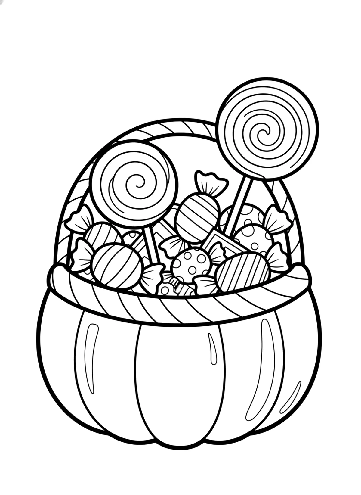 Halloween candy basket coloring page for adults: a pumpkin basket overflowing with wrapped candies and lollipops, black line art